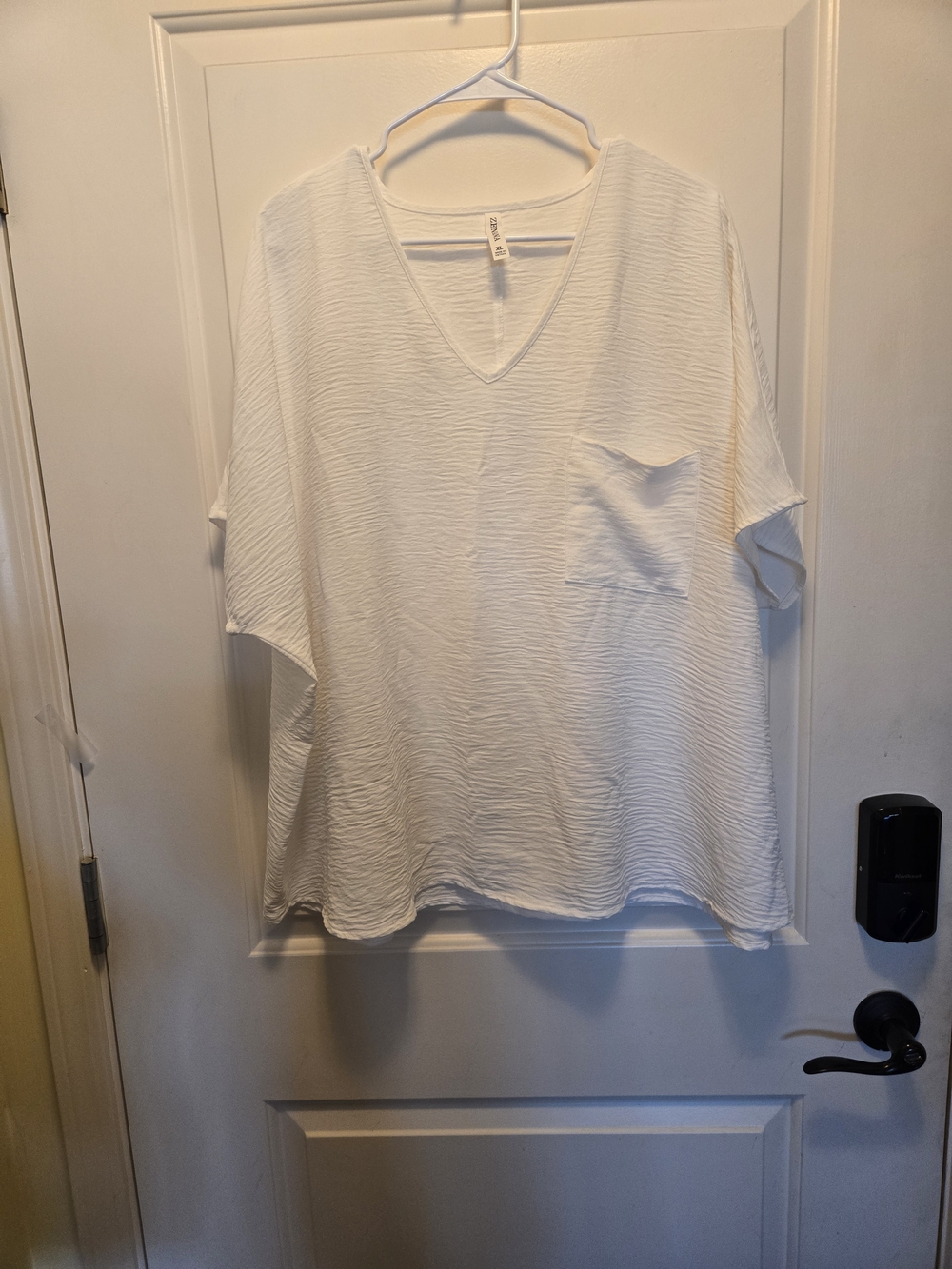 Zenana White V-Neck Textured Pocket Relaxed Top